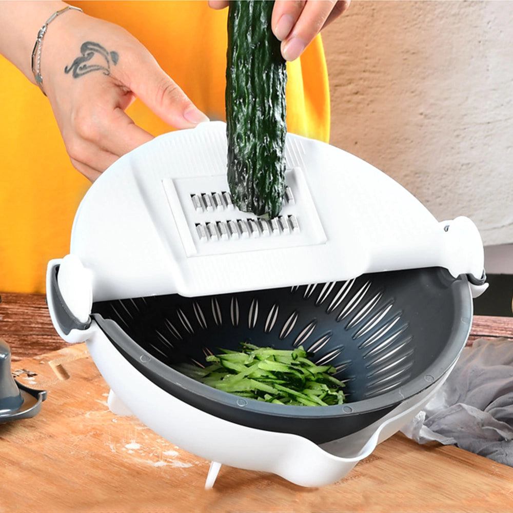 Escorredor 360° Multifuncional – Corte, Lave e Rale em Segundos!