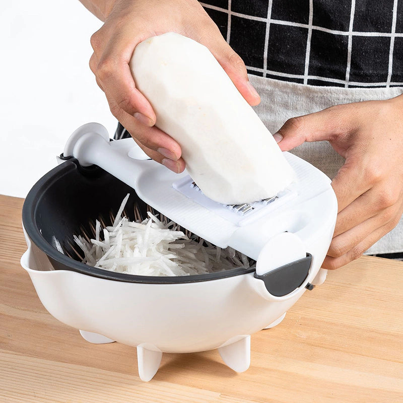 Escorredor 360° Multifuncional – Corte, Lave e Rale em Segundos!