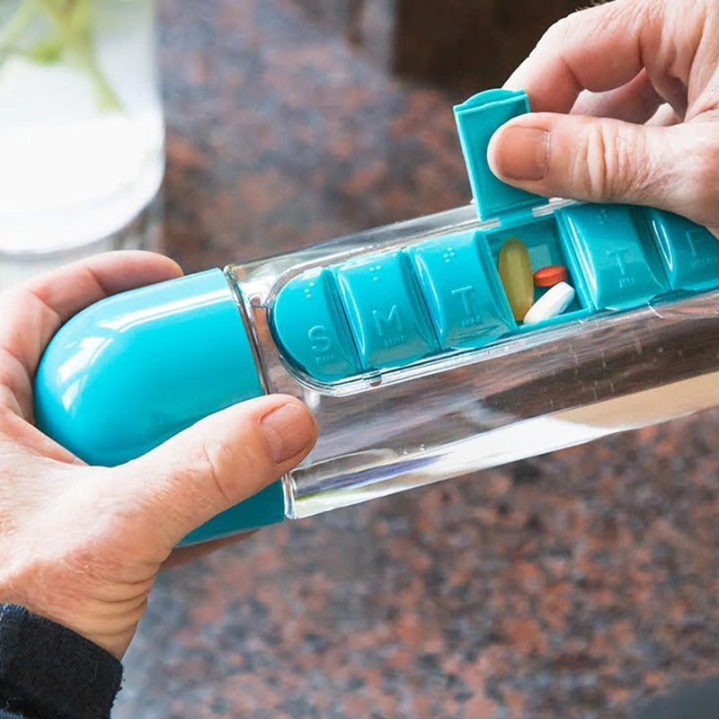 Garrafa com Porta Comprimidos Cápsulas dias da semana 600 ml