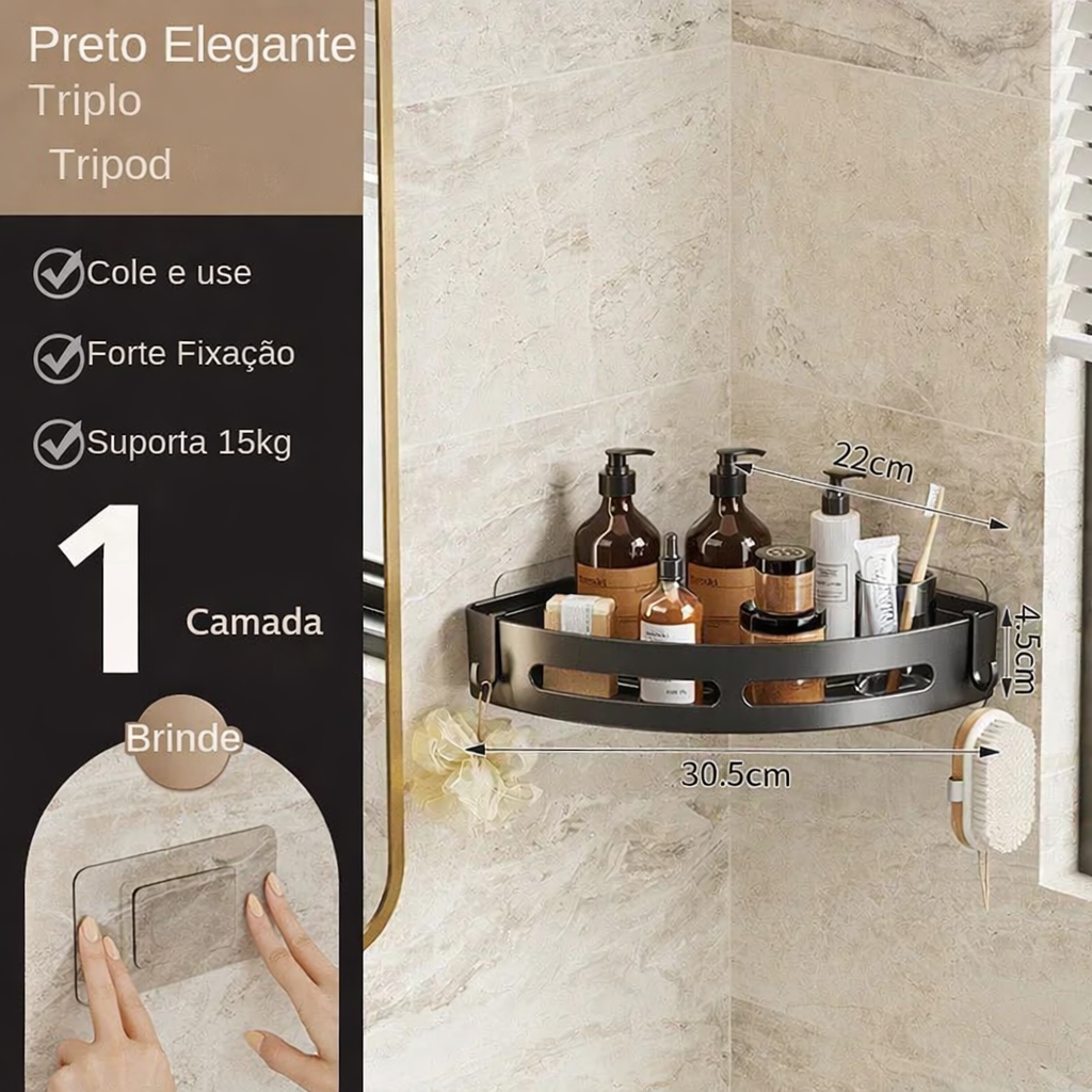 Prateleira organizadora de banheiro sem furo instalada no box com shampoos e sabonetes