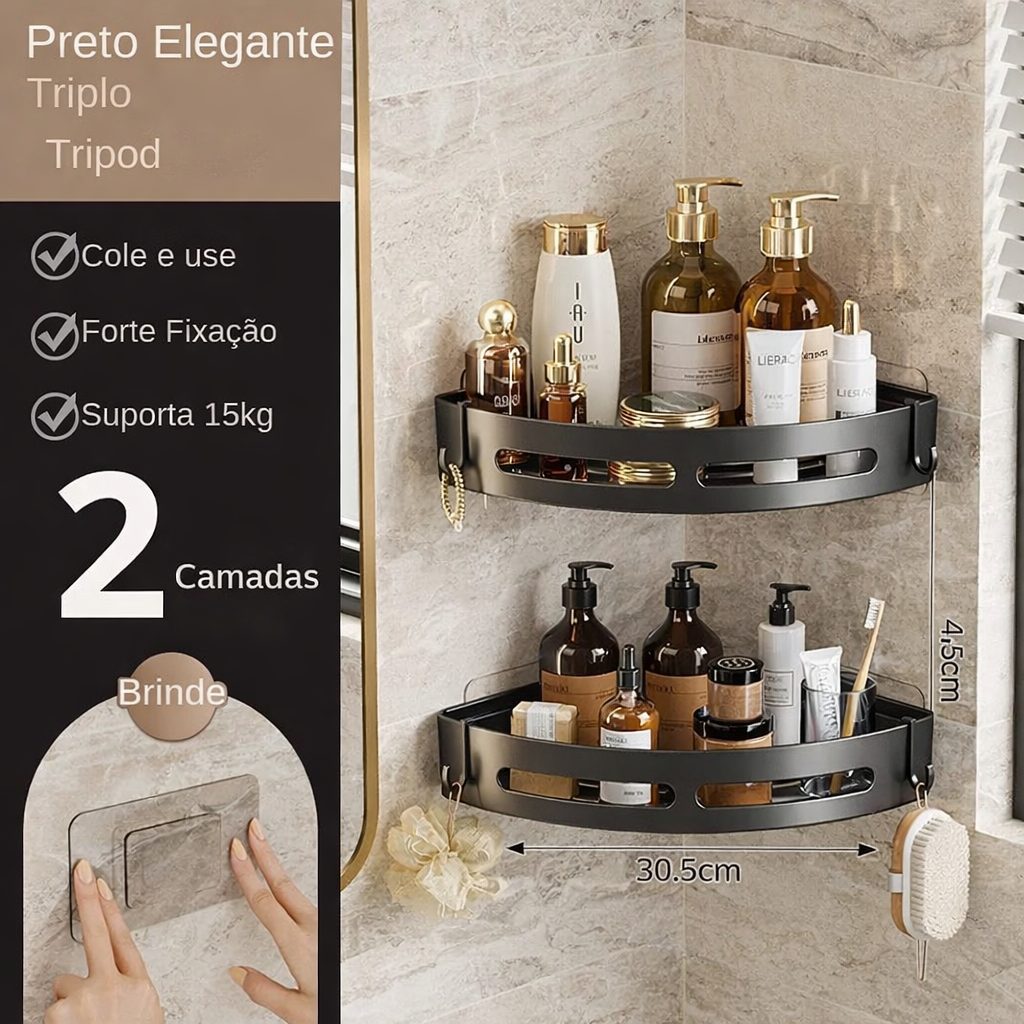 Prateleira organizadora de banheiro sem furo instalada no box com shampoos e sabonetes